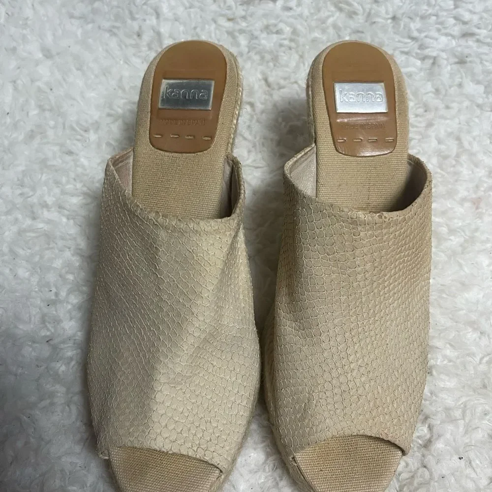 Kanna made in Spain leather suede Beige Platform Wedge Espadrille SandalsSZ10.5